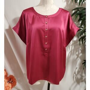 Talbots NWT Satin Button Popover Short Sleeve Blouse Size XL Pink Jewel Tone Top